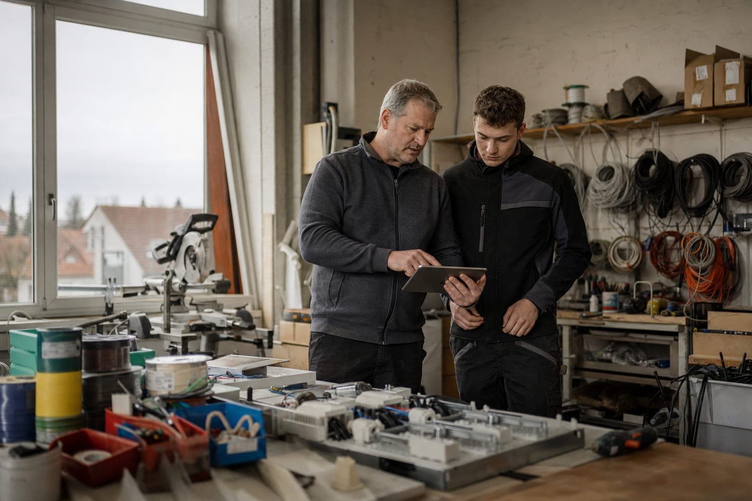Betriebsinhaber und neue Fachkraft am Tablet in der Werkstatt