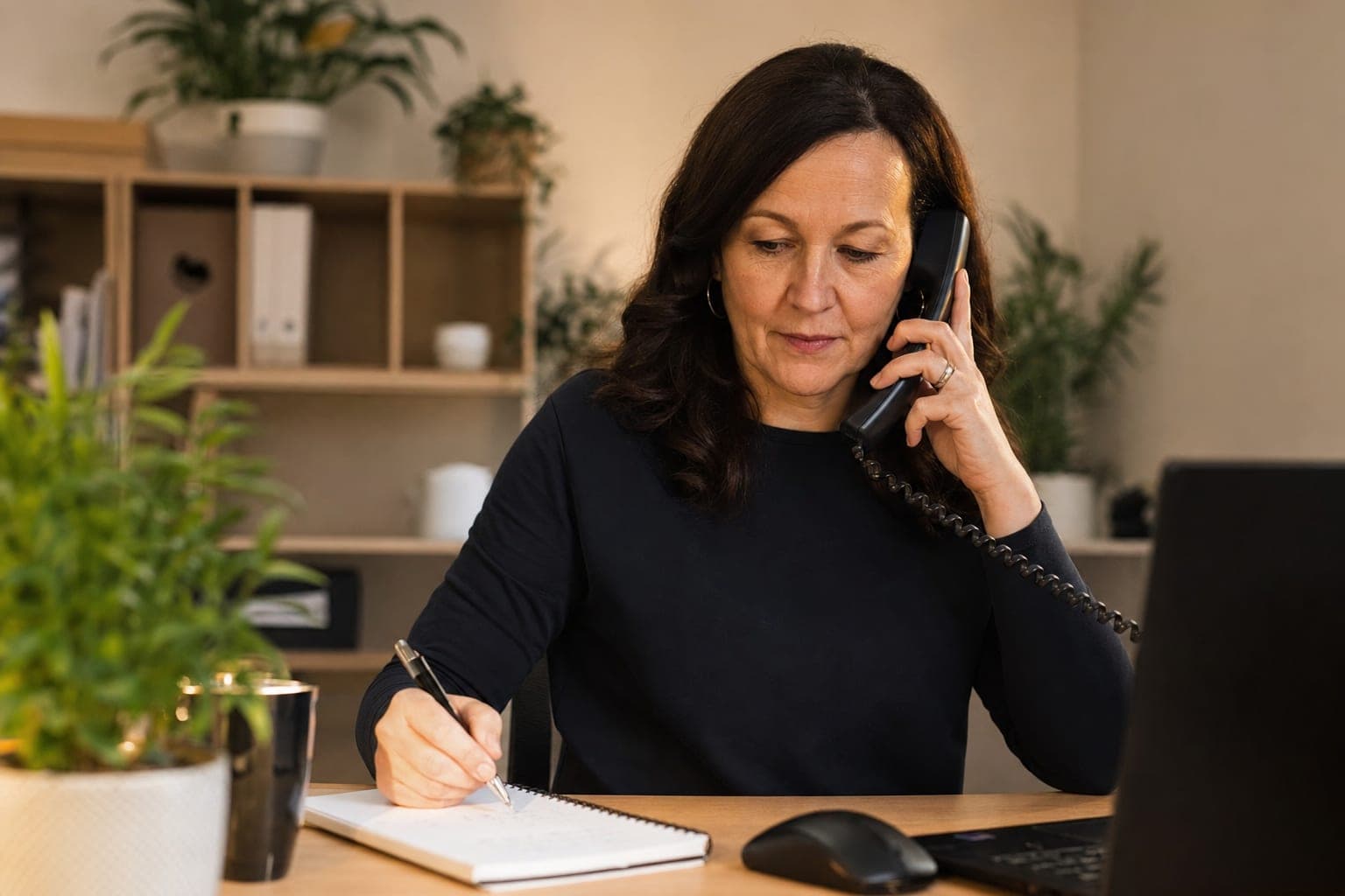 Recruiterin im Telefonat mit Notizblock am Schreibtisch